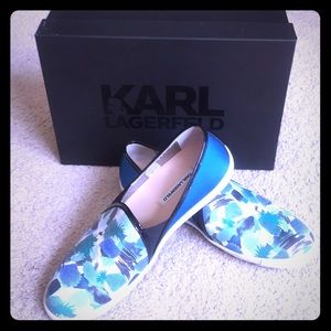 Great Karl Lagerfeld patterned slip on sneakers.